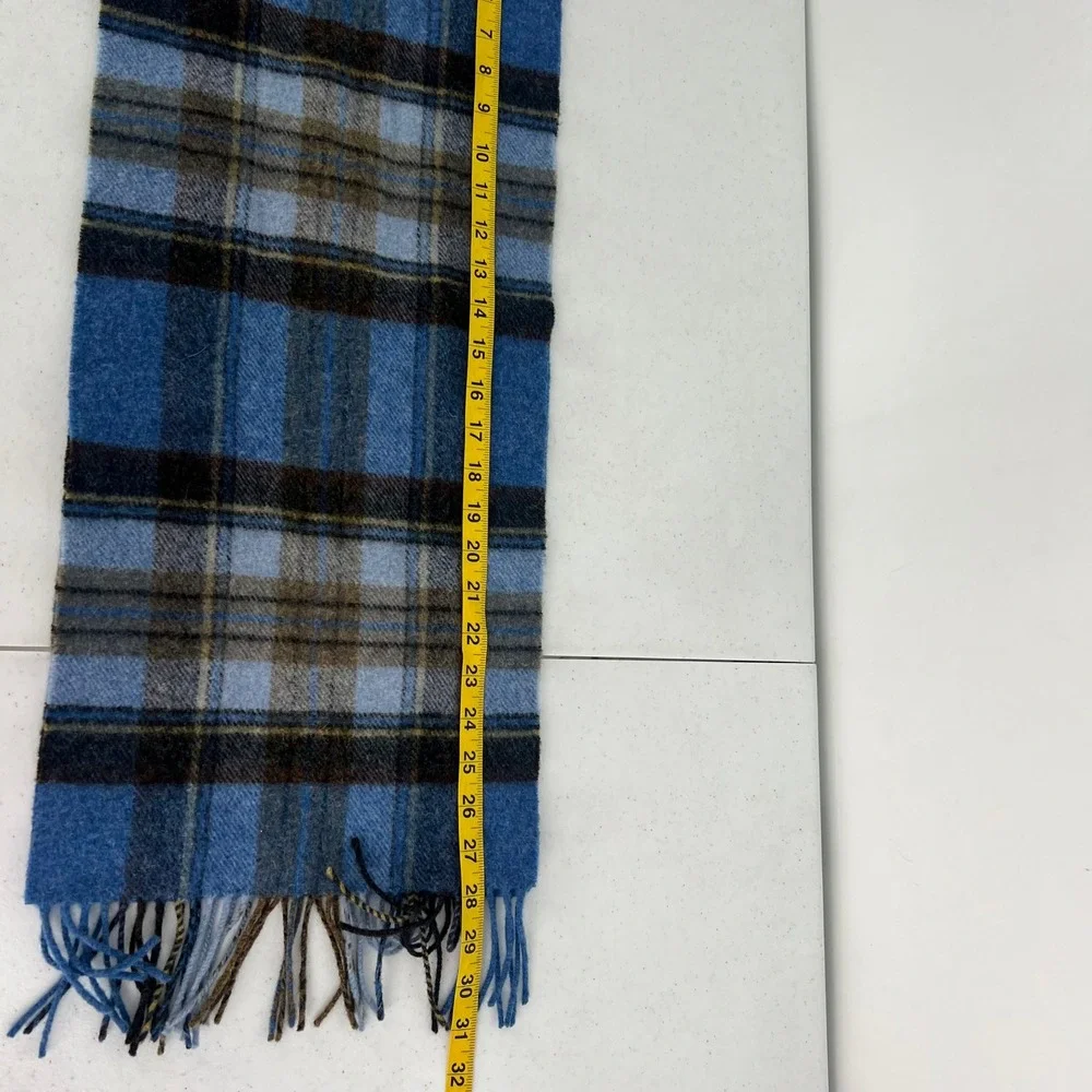 John Hanly 100% Lambswool Scarf Made in Ireland Blue Plaid Fringed Men Accessory